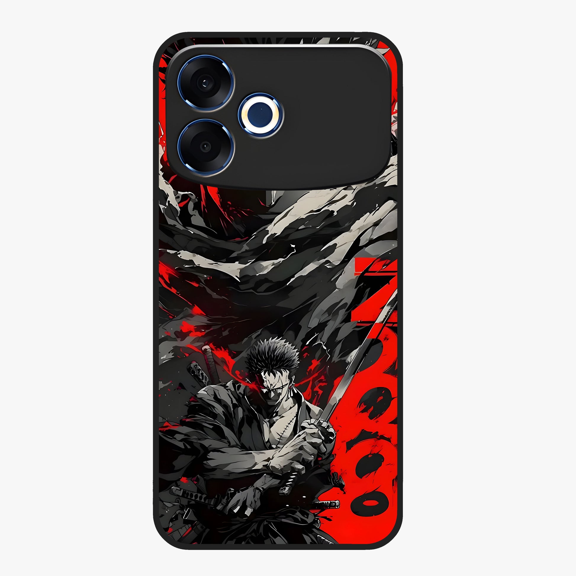 Demon Sword Resolve Glass Case showing flat back view with fierce sword warrior artwork and glossy glass finish.