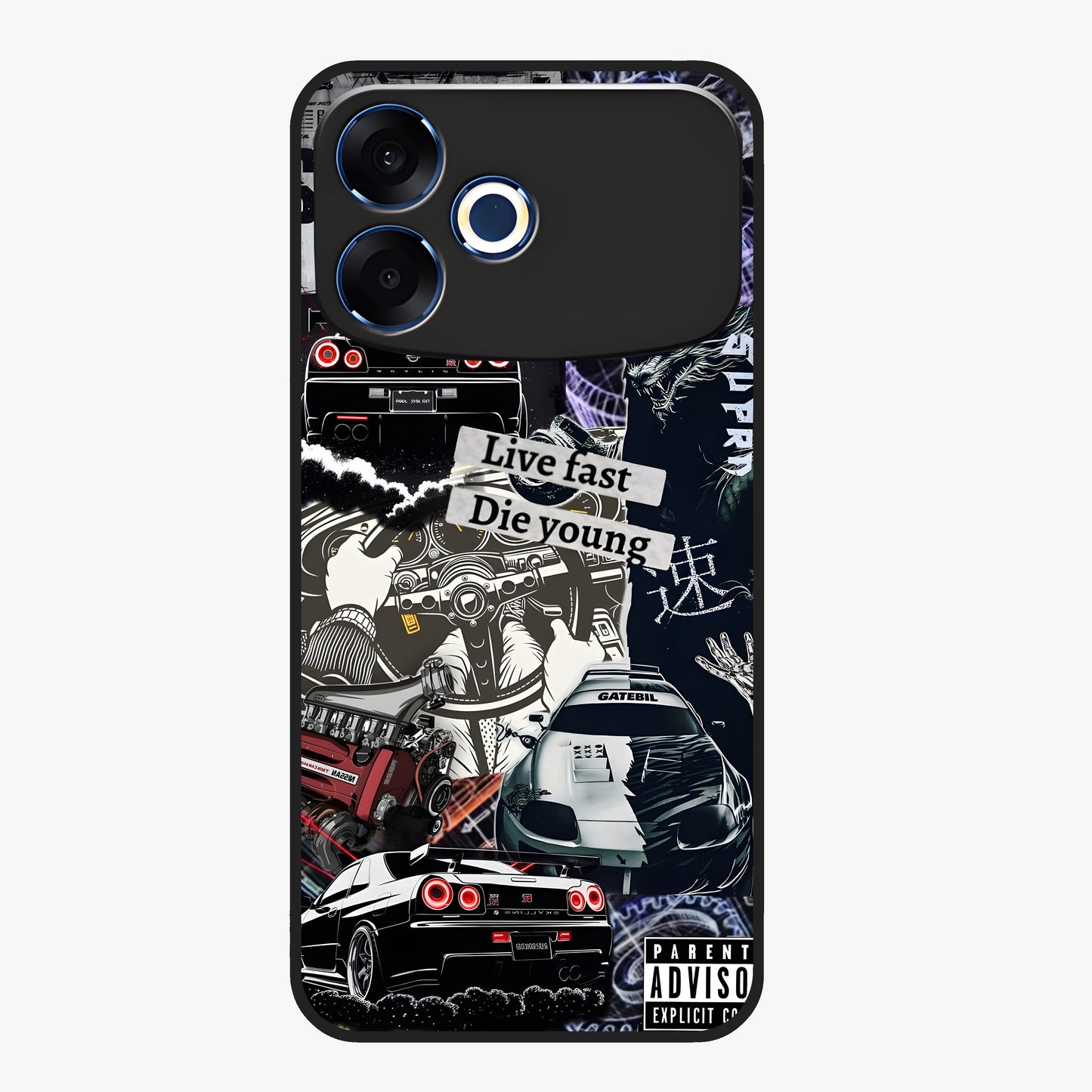 Die Young Glass Case showing flat back view with bold artistic typography design and glossy glass finish.