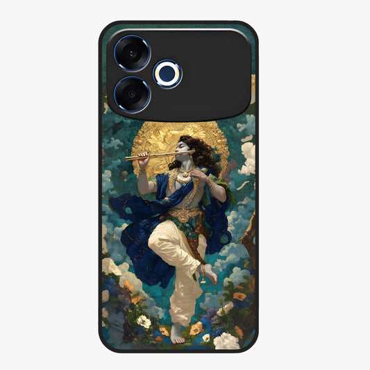 Divine Krishna Art Glass Case showing flat back view with Lord Krishna artwork and glossy glass finish.