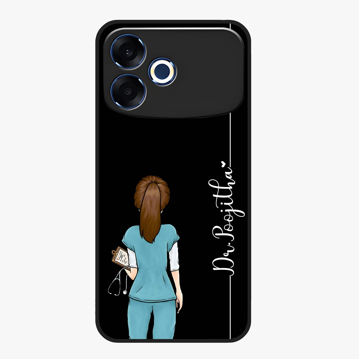 Doctor Pattern Custom Name Glass Case showing flat back view with medical themed pattern and personalized name design.