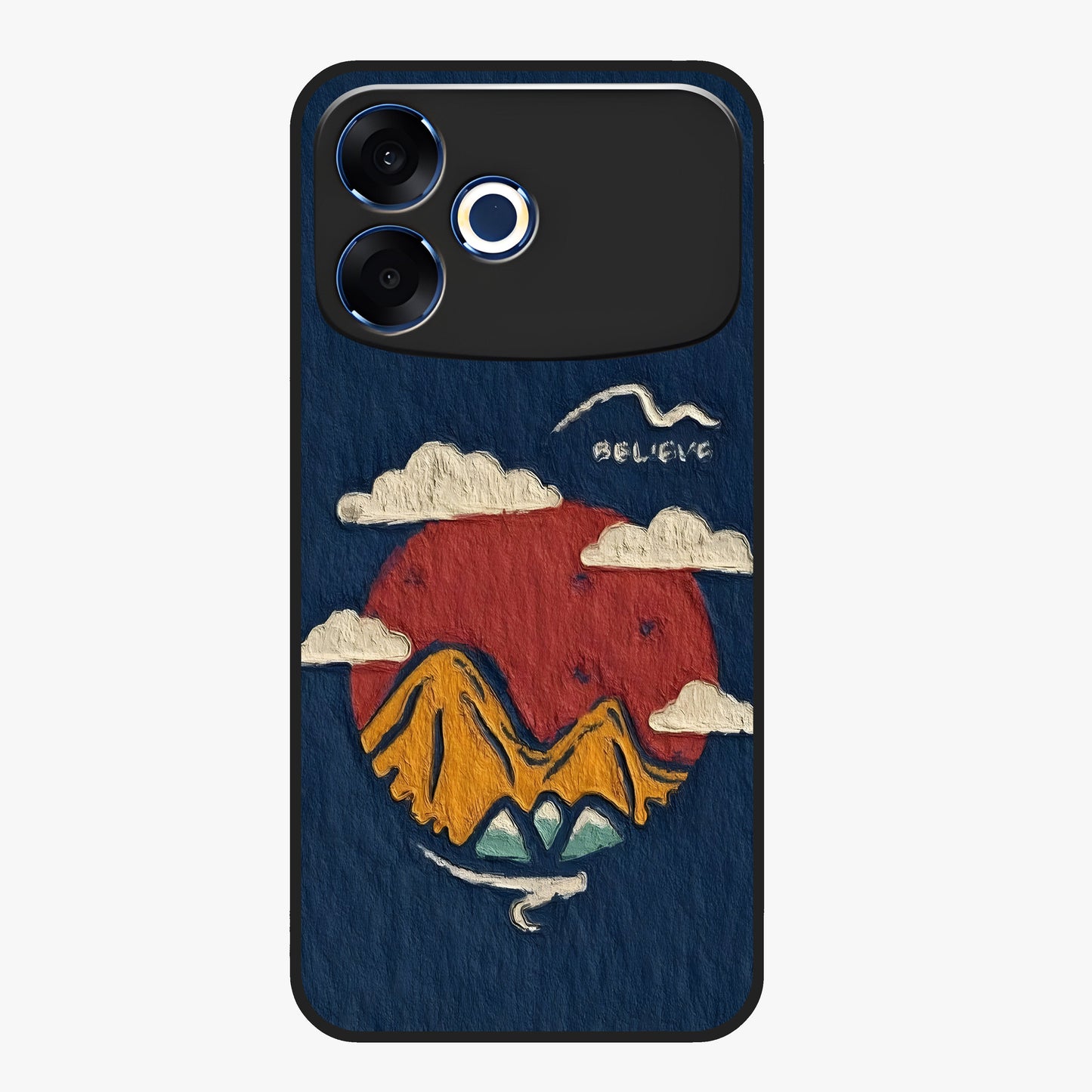 Dream Beyond Mountains Glass Case showing flat back view with scenic mountain landscape artwork and glossy glass finish.