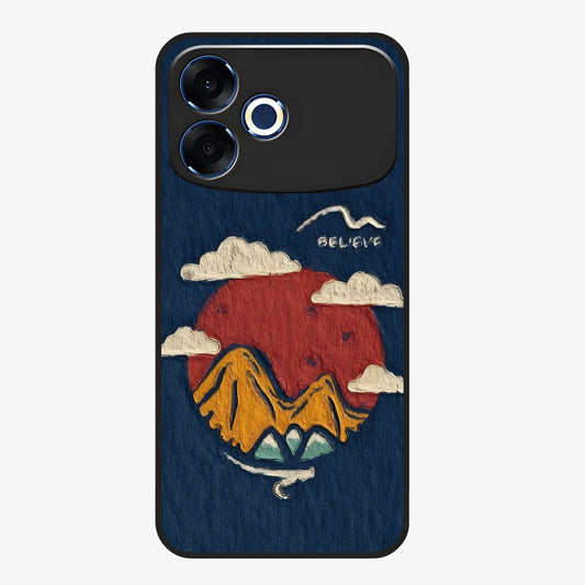 Dream Beyond Mountains Glass Case showing flat back view with scenic mountain landscape artwork and glossy glass finish.