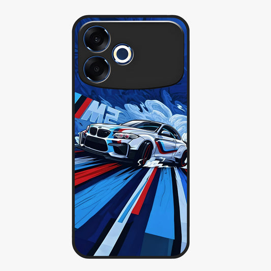 Drift Power Rush Glass Case showing flat back view with dynamic racing inspired artwork and glossy glass finish.