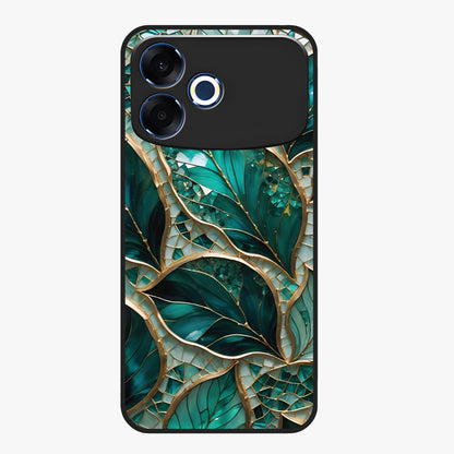 Emerald Leaf Glass Glass Case showing flat back view with emerald green leaf artwork and glossy glass finish.