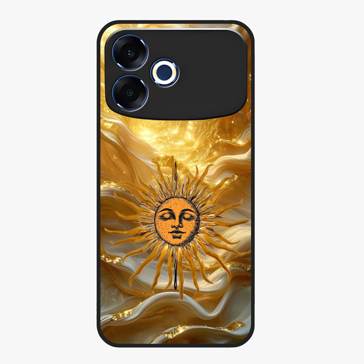 Eternal Golden Glow Glass Case showing flat back view with radiant golden themed artwork and glossy glass finish.