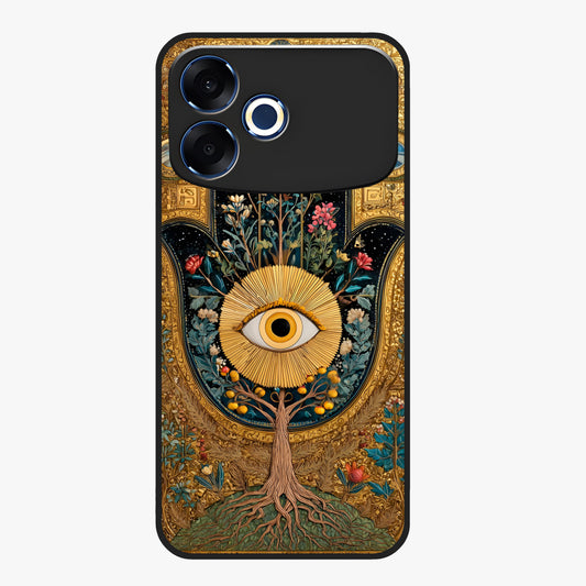 Ethereal Evil Eye Glass Case showing flat back view with mystical evil eye artwork and glossy glass finish.