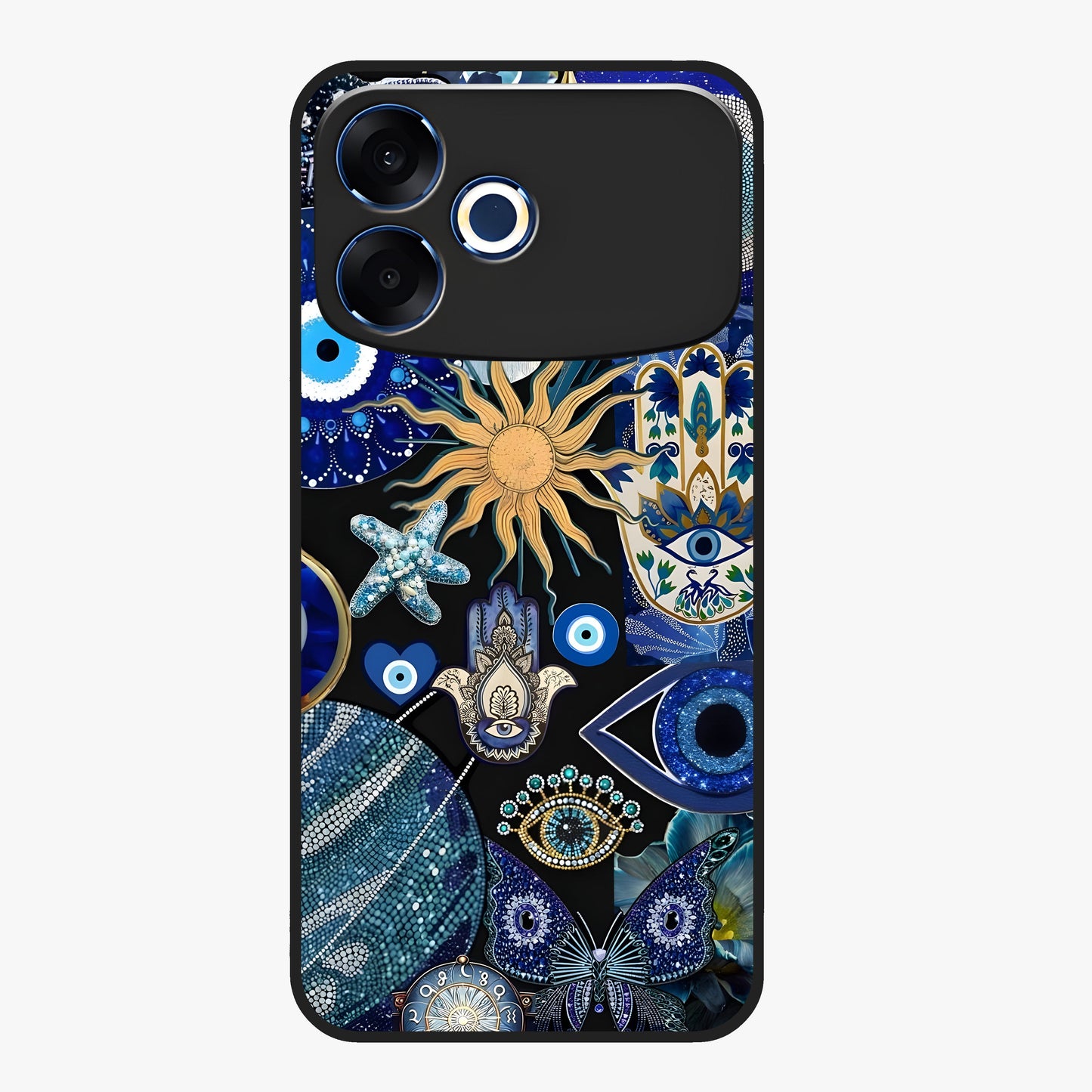 Evil Eye Charm Mix Glass Case showing flat back view with multiple evil eye charms artwork and glossy glass finish.