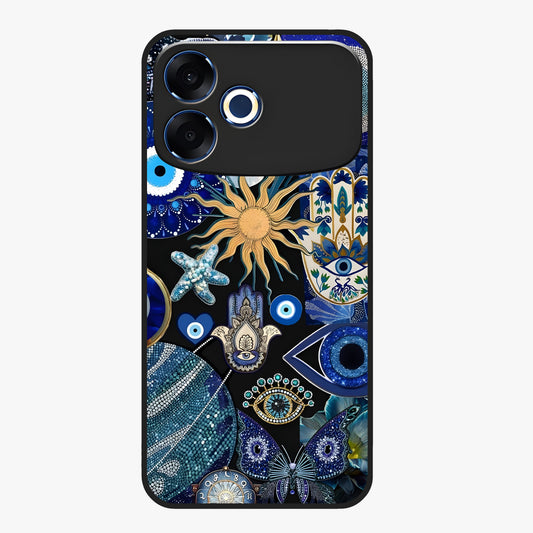Evil Eye Charm Mix Glass Case showing flat back view with multiple evil eye charms artwork and glossy glass finish.