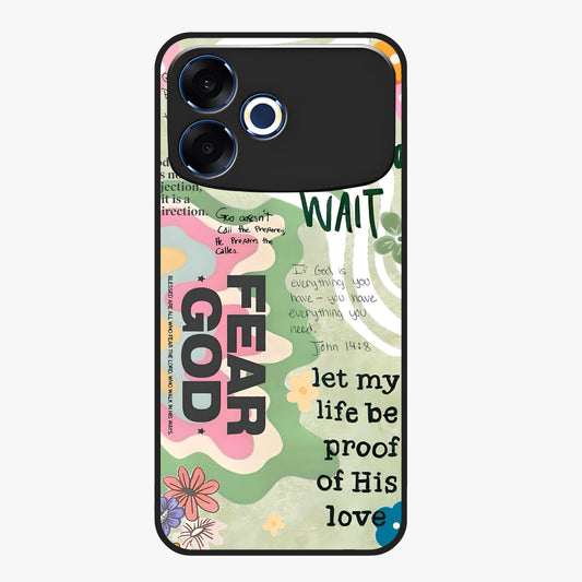 Faith Over Fear Glass Case showing flat back view with motivational typography artwork and glossy glass finish.