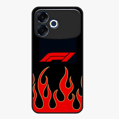 Fire F11 Glass Case showing flat back view with fiery themed artwork and glossy glass finish.