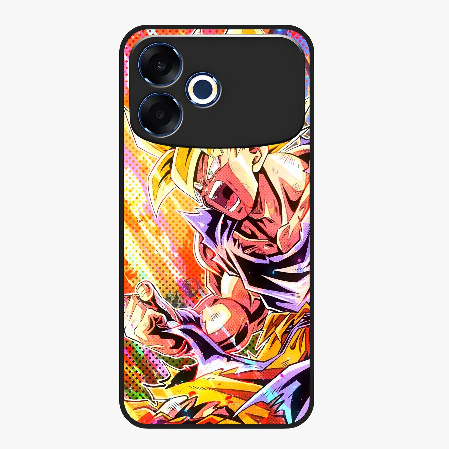 Firing Goku Glass Case showing flat back view with powerful anime inspired artwork and glossy glass finish.