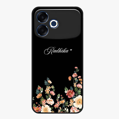 Floral Design With a Custom Personalized Name Glass Case showing flat back view with floral artwork and personalized name design.