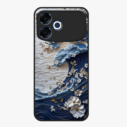Floral Wave Origami Glass Case showing flat back view with origami inspired floral wave artwork and glossy glass finish.