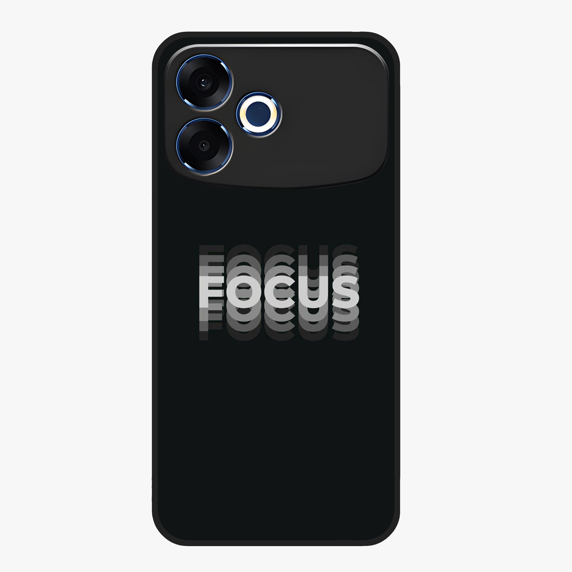 Focus Mode On Glass Case showing flat back view with bold motivational typography design and glossy glass finish.