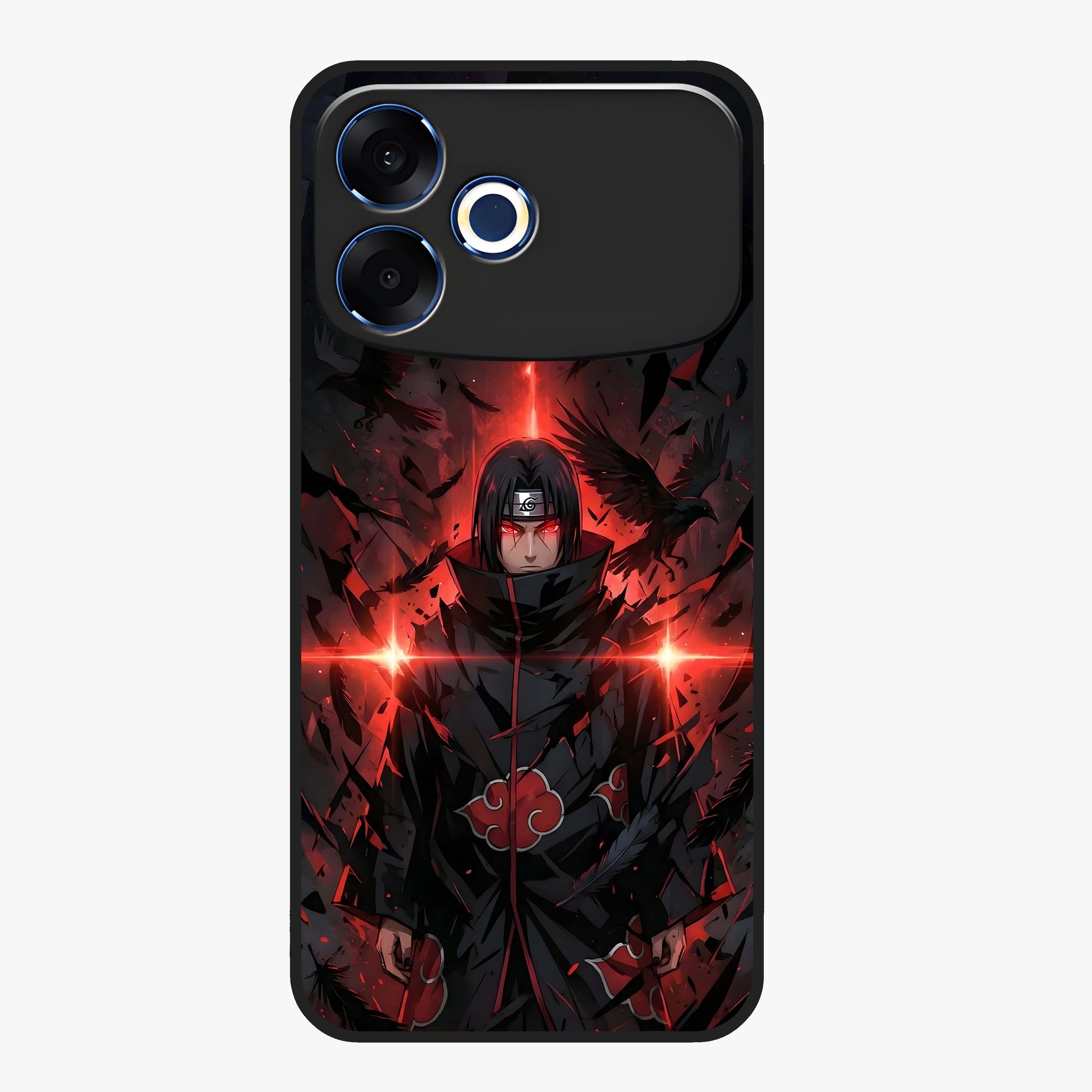 Focused Blade Discipline Glass Case showing flat back view with warrior sword themed artwork and glossy glass finish.
