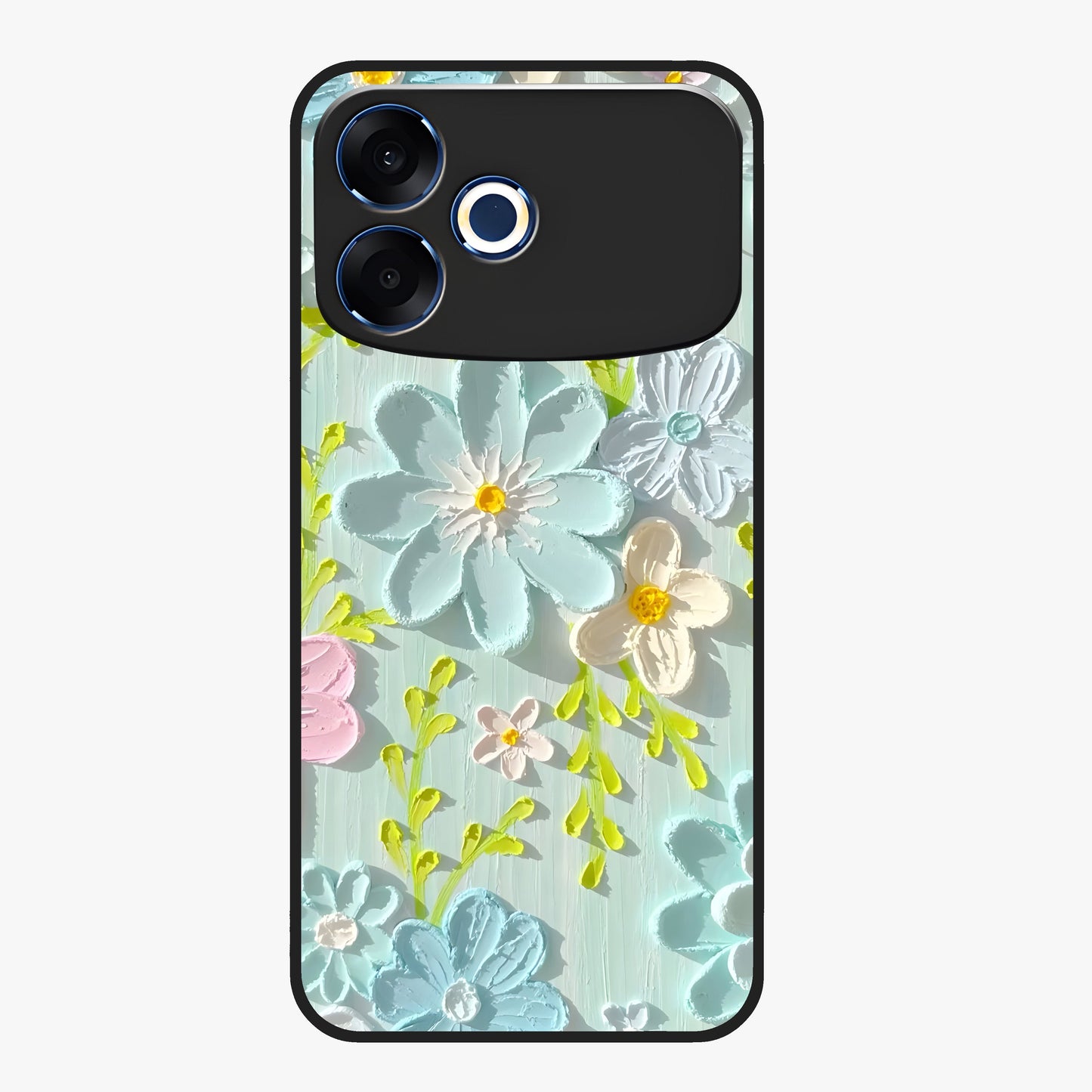 Frosted Petal Garden Glass Case showing flat back view with soft frosted floral artwork and glossy glass finish.