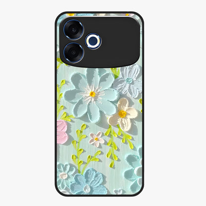 Frosted Petal Garden Glass Case showing flat back view with soft frosted floral artwork and glossy glass finish.