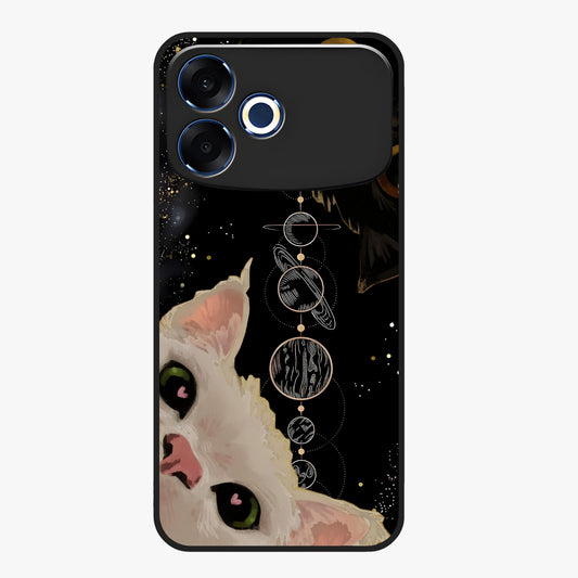 Galactic Cat Glass Case showing flat back view with cosmic cat artwork and glossy glass finish.