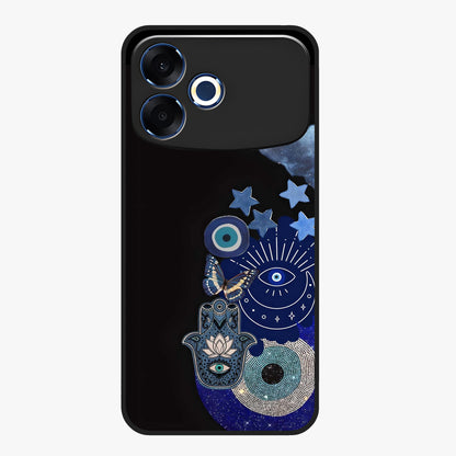 Galactic Charm Cluster Glass Case showing flat back view with glowing celestial charm artwork and glossy glass finish.
