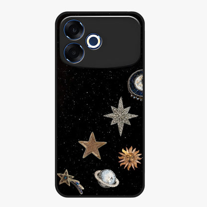 Galactic Charm Glow Glass Case showing flat back view with glowing celestial charm artwork and glossy glass finish.