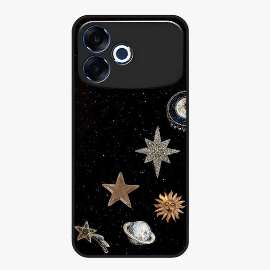 Galactic Charm Glow Glass Case showing flat back view with glowing celestial charm artwork and glossy glass finish.
