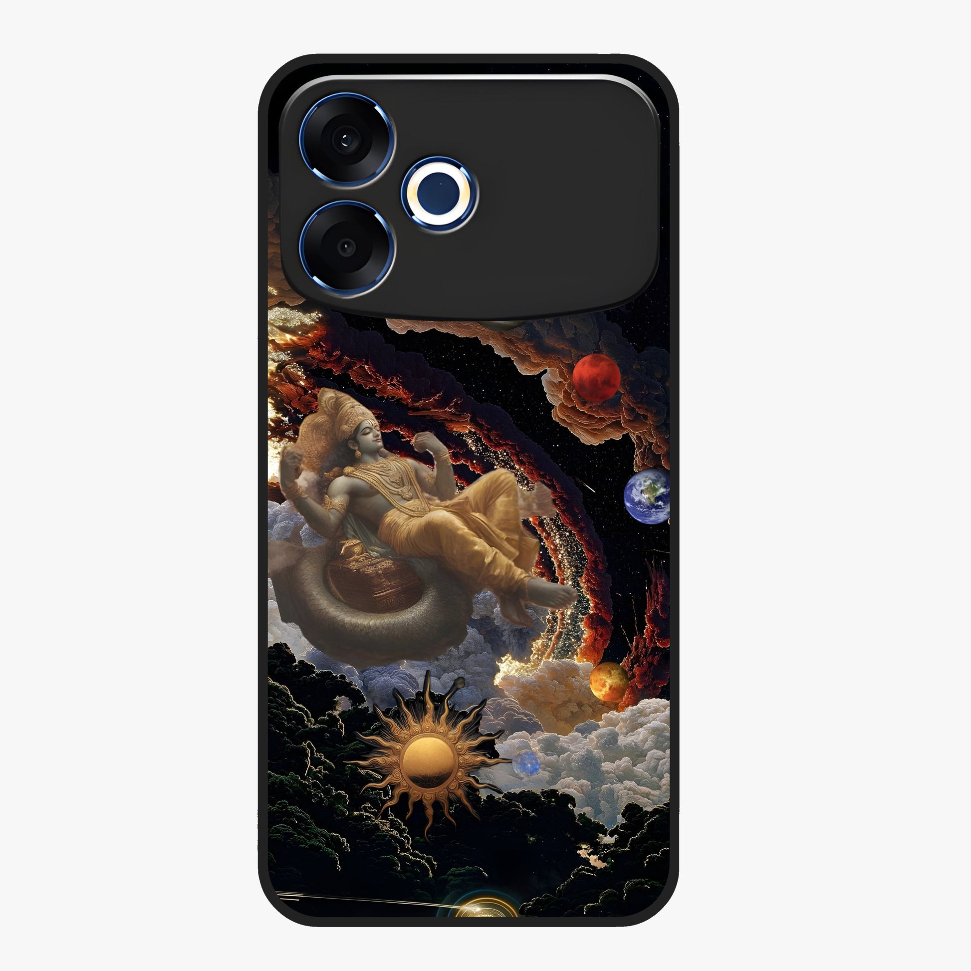 Galactic Divine God Glass Case showing flat back view with divine cosmic themed artwork and glossy glass finish.