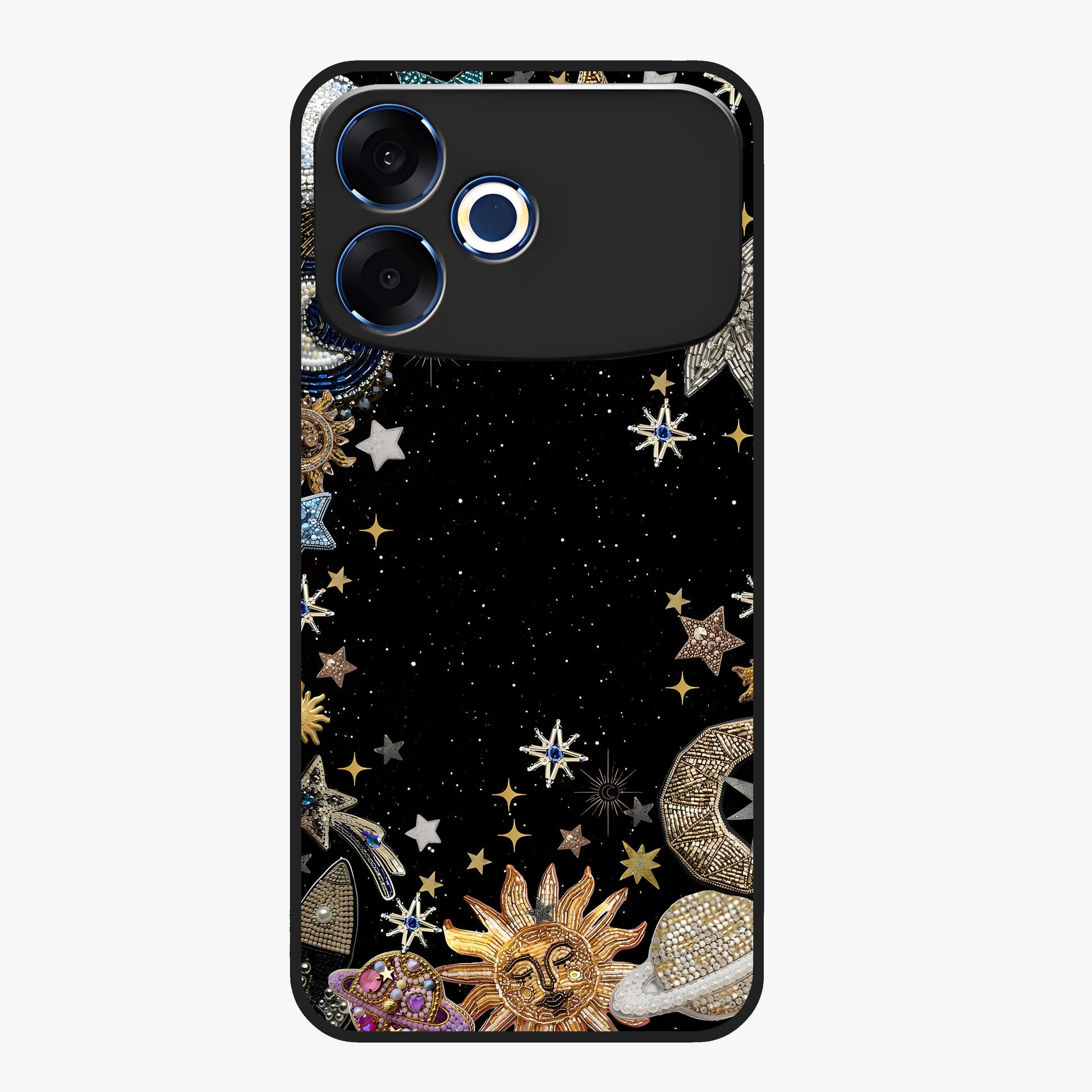 Galactic Jewel Stars Glass Case showing flat back view with sparkling star jewel artwork and glossy glass finish.