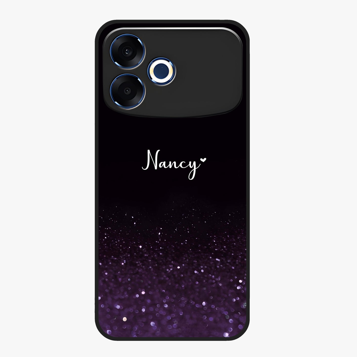 Glittery Purple Bokeh Custom Name Glass Case showing flat back view with purple bokeh sparkle artwork and personalized name design.