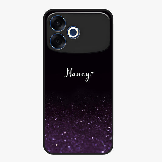 Glittery Purple Bokeh Custom Name Glass Case showing flat back view with purple bokeh sparkle artwork and personalized name design.