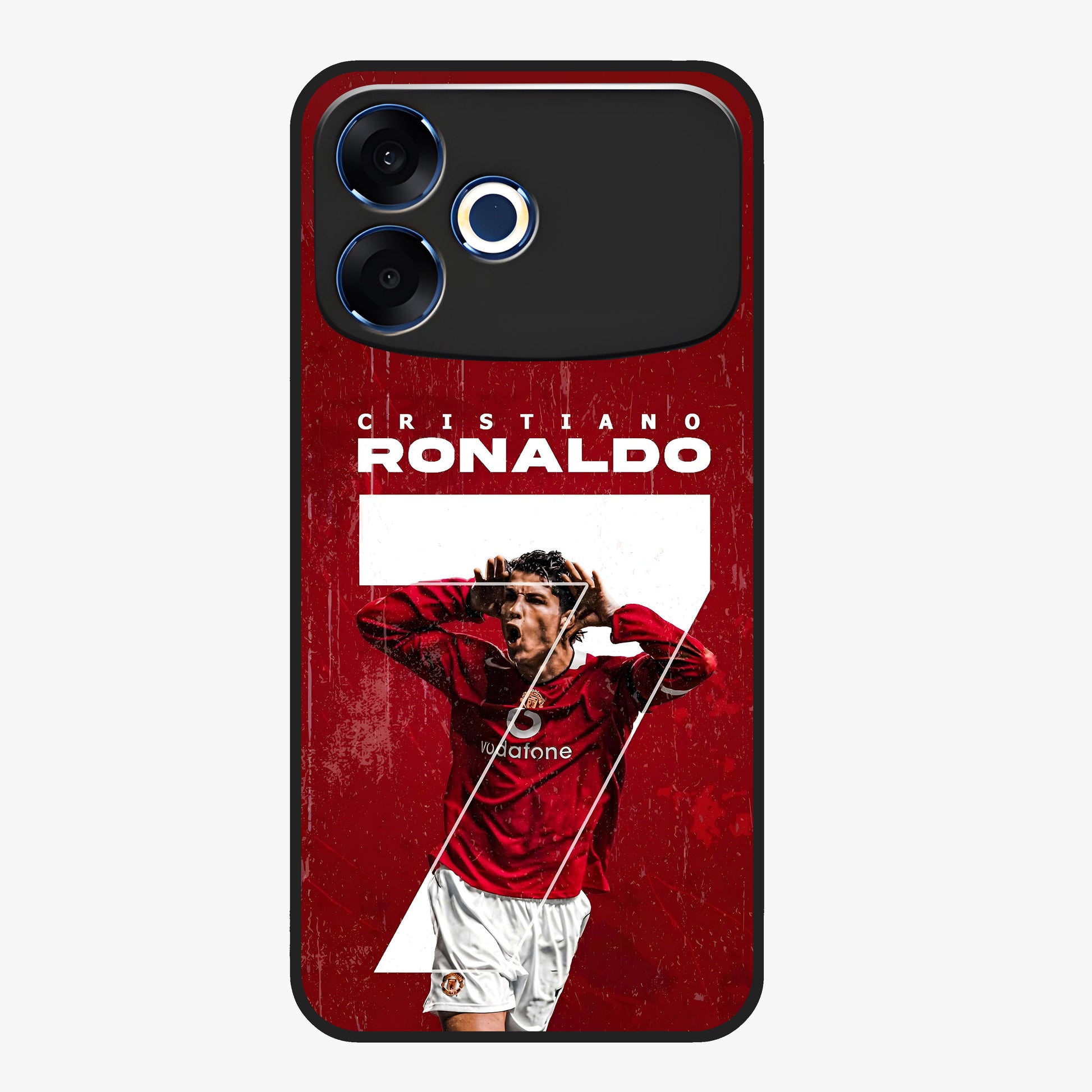 Goal Celebration Legacy Glass Case showing flat back view with football celebration inspired artwork and glossy glass finish.