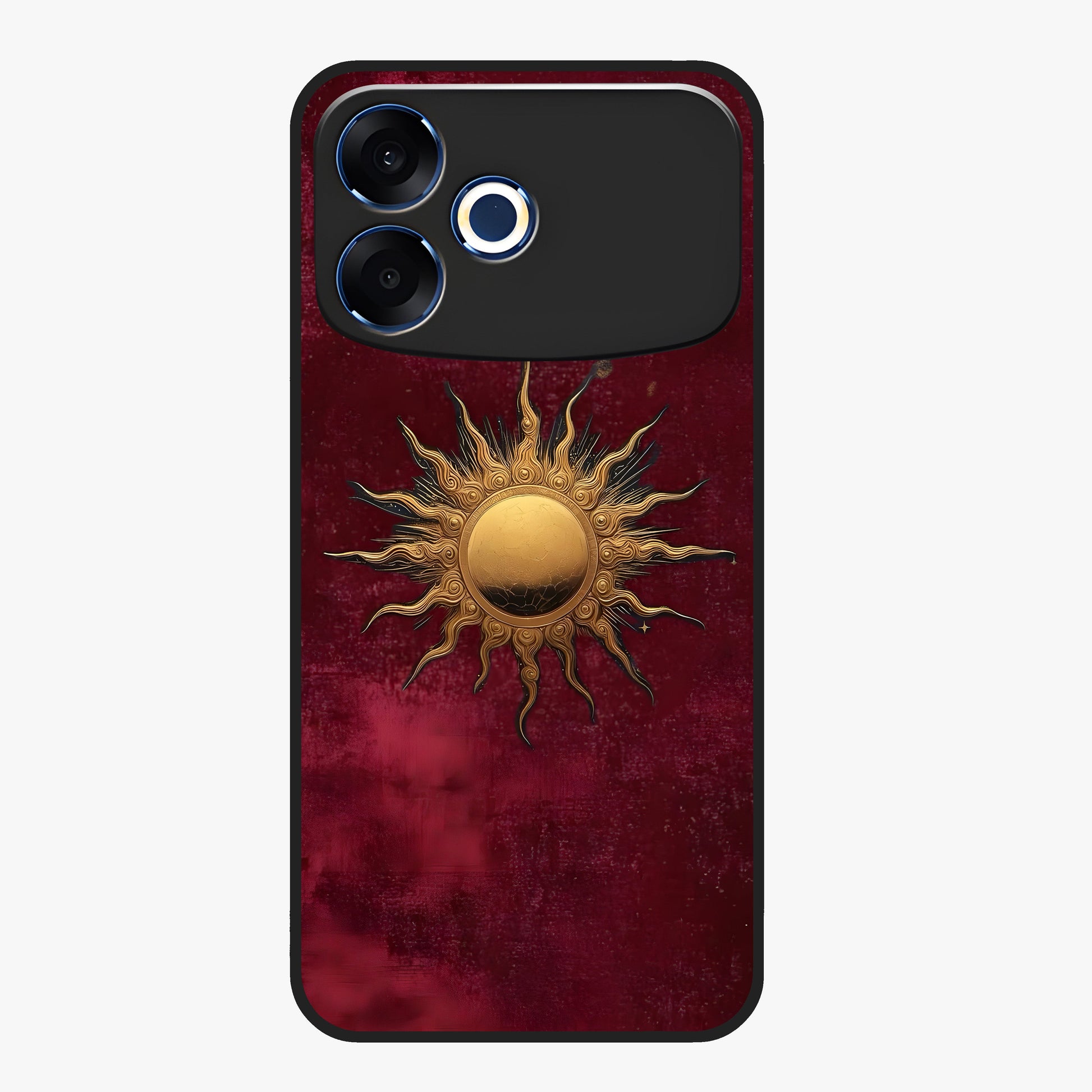 Gold Sun Blush Glass Case showing flat back view with golden sun inspired artwork and glossy glass finish.