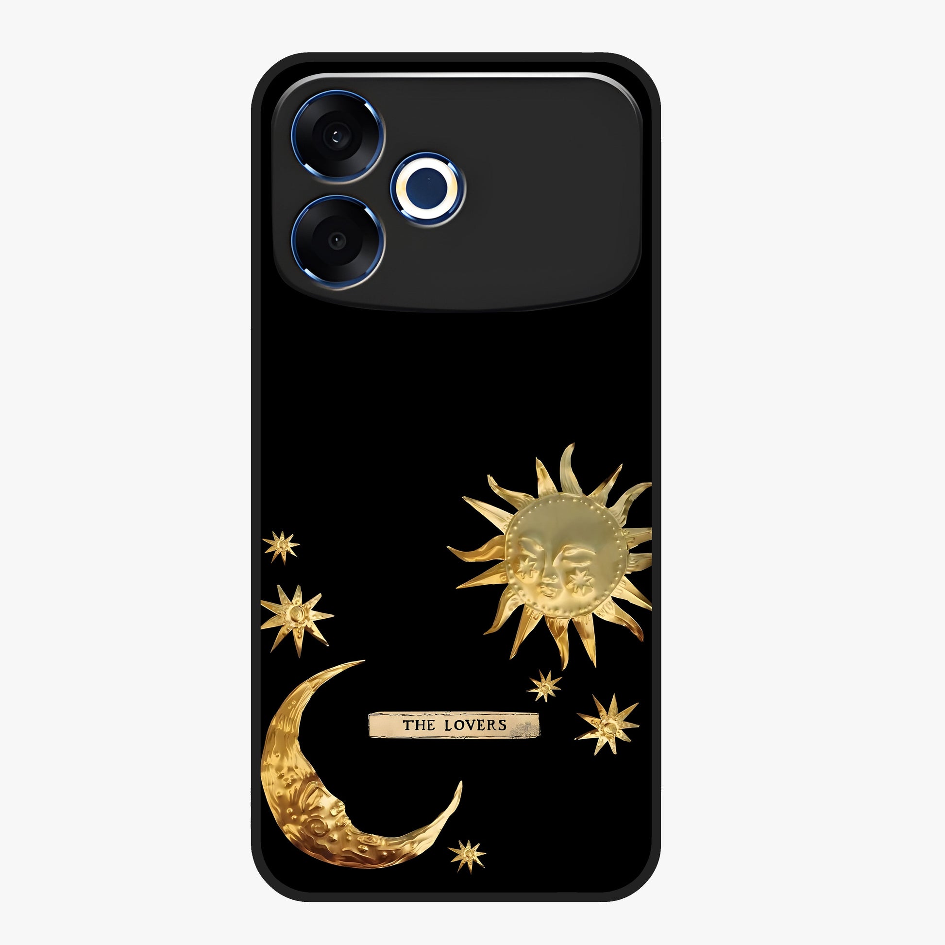 Golden Celestial Charm Glass Case showing flat back view with golden celestial charm artwork and glossy glass finish.