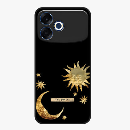 Golden Celestial Charm Glass Case showing flat back view with golden celestial charm artwork and glossy glass finish.