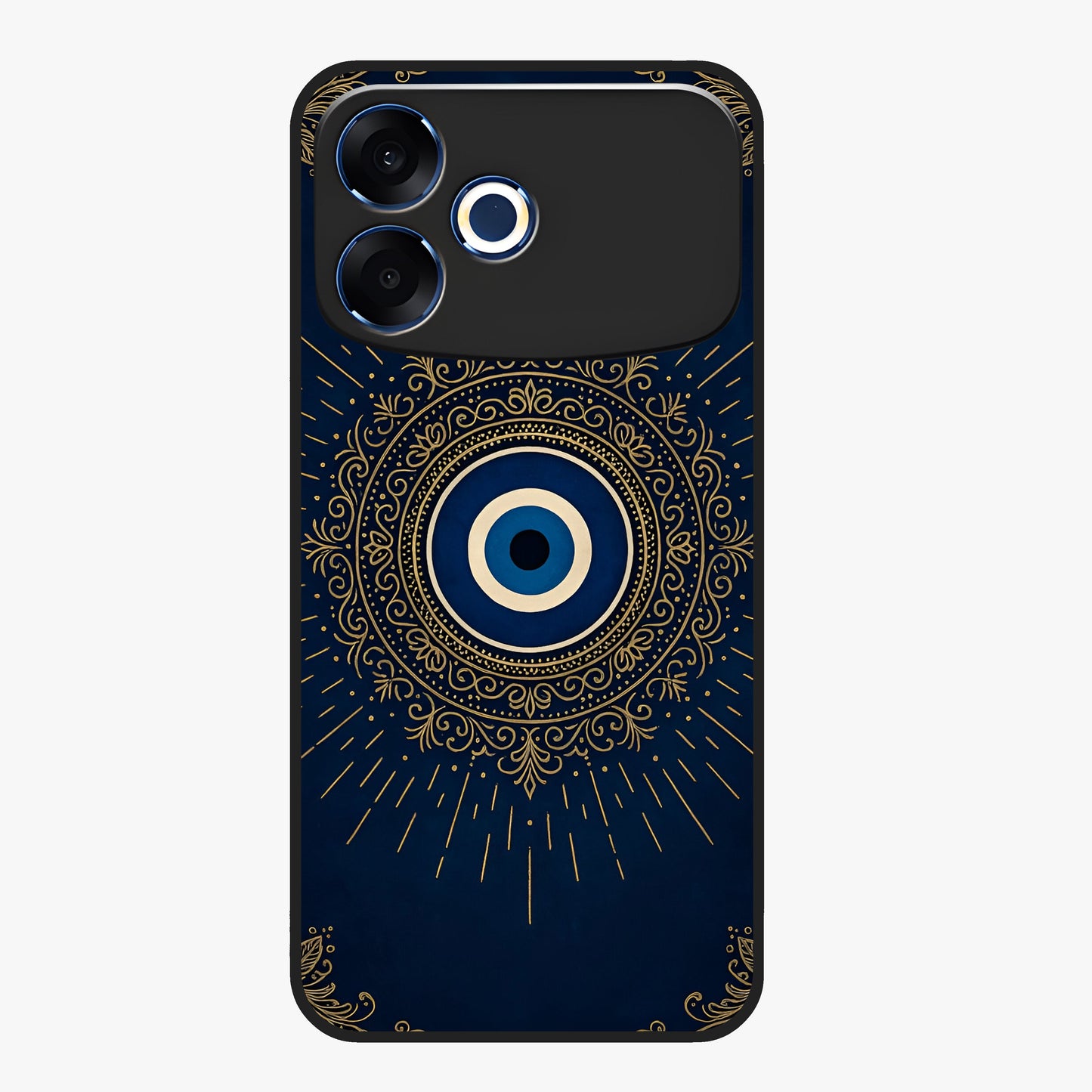 Golden Evil Eye Mandala Glass Case showing flat back view with intricate evil eye mandala artwork and glossy glass finish.