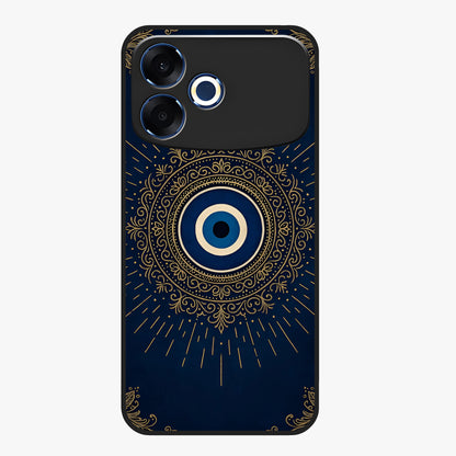 Golden Evil Eye Mandala Glass Case showing flat back view with intricate evil eye mandala artwork and glossy glass finish.