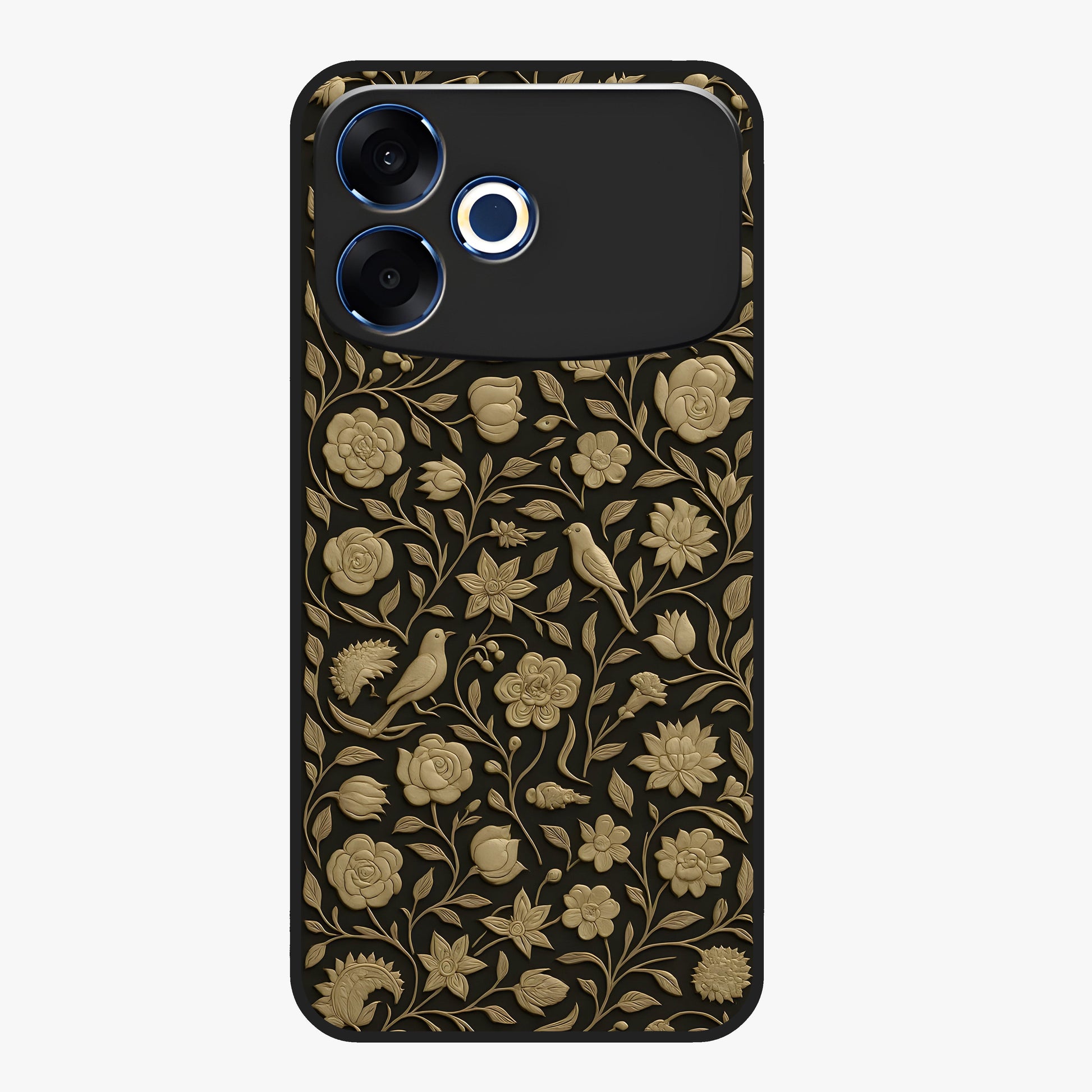 Golden Floral Majesty Glass Case showing flat back view with luxurious golden floral artwork and glossy glass finish.