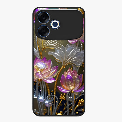 Golden Lotus Glow Glass Case showing flat back view with glowing lotus flower artwork and glossy glass finish.
