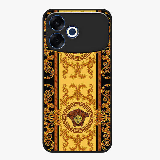 Golden Royal Heritage Glass Case showing flat back view with ornate royal pattern artwork and glossy glass finish.