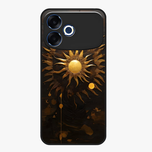 Golden Sun Majesty Glass Case showing flat back view with radiant golden sun artwork and glossy glass finish.
