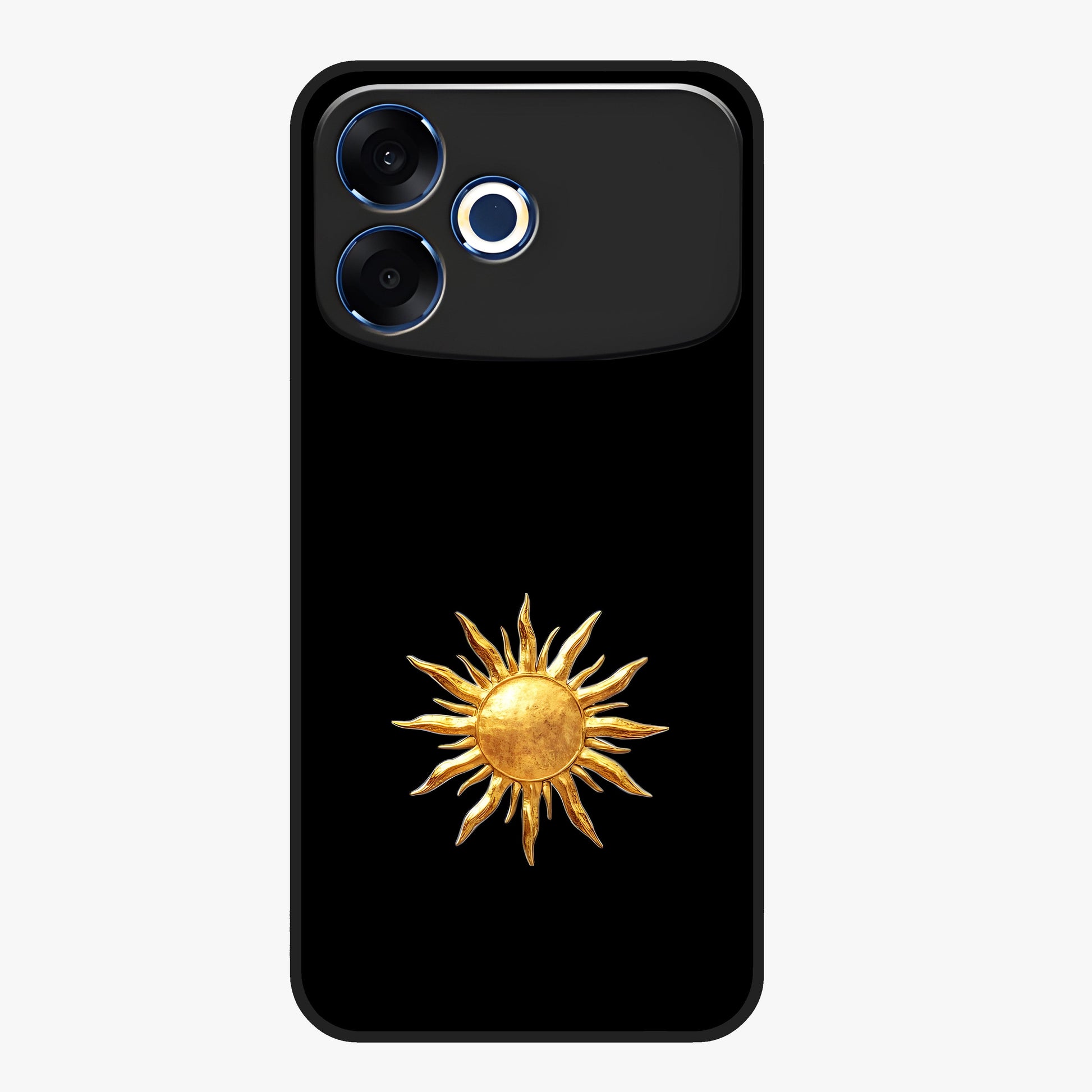Golden Sun Minimalism Glass Case showing flat back view with minimal golden sun artwork and glossy glass finish.