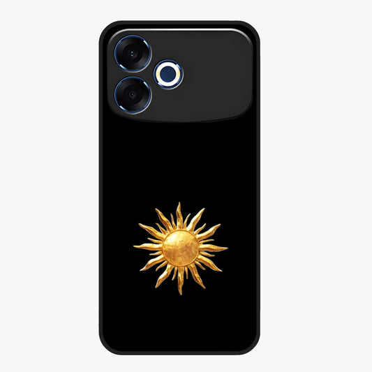 Golden Sun Minimalism Glass Case showing flat back view with minimal golden sun artwork and glossy glass finish.