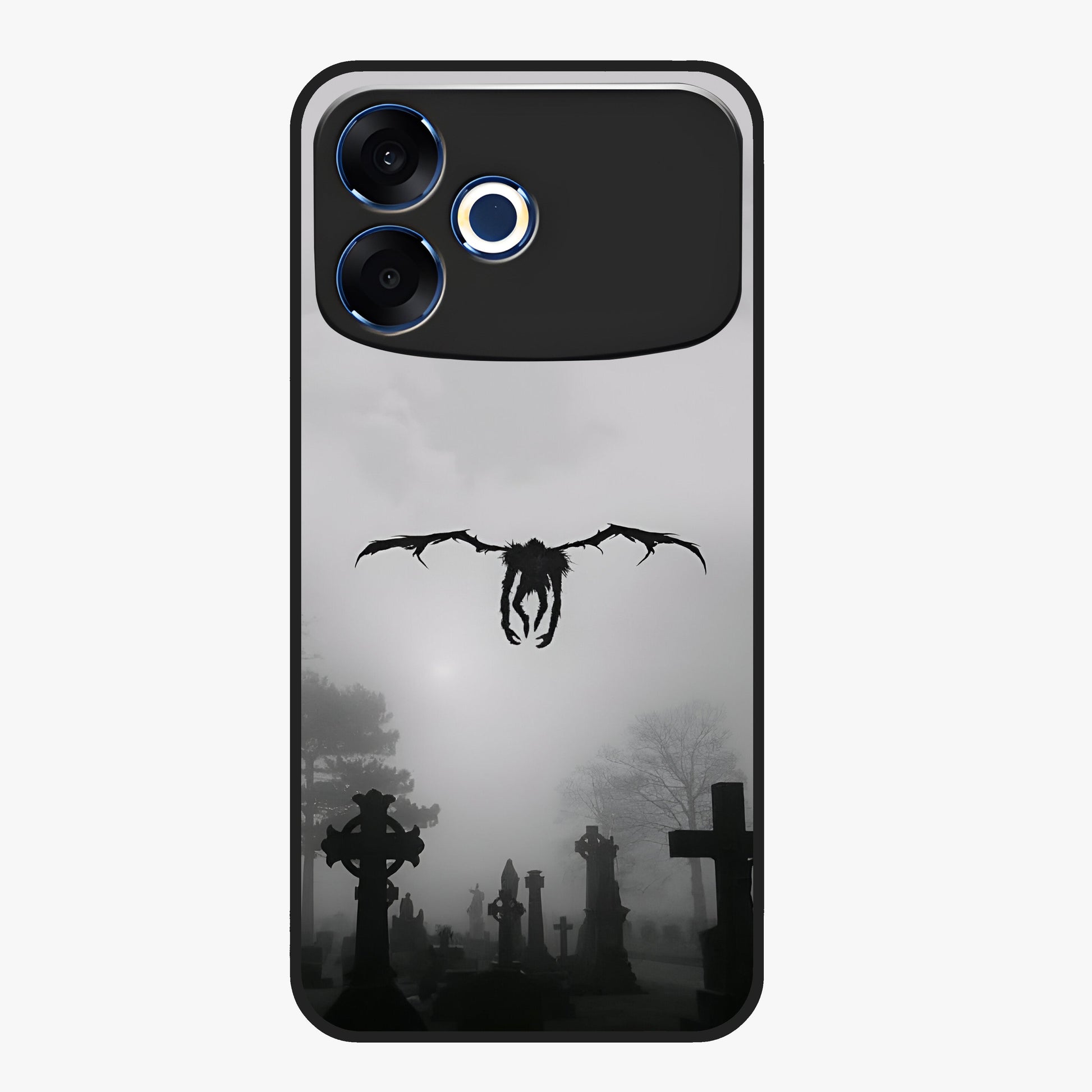 Graveyard Shadow Descent Glass Case showing flat back view with dark graveyard themed artwork and glossy glass finish.