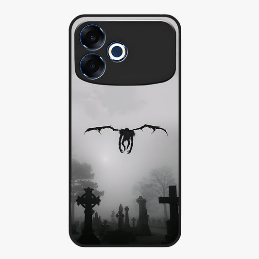 Graveyard Shadow Descent Glass Case showing flat back view with dark graveyard themed artwork and glossy glass finish.