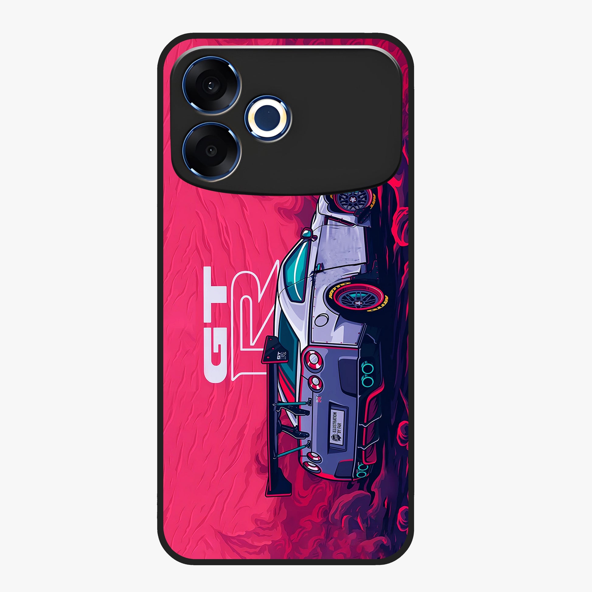 GT-R Car Pattern Glass Case showing flat back view with sporty car inspired pattern artwork and glossy glass finish.