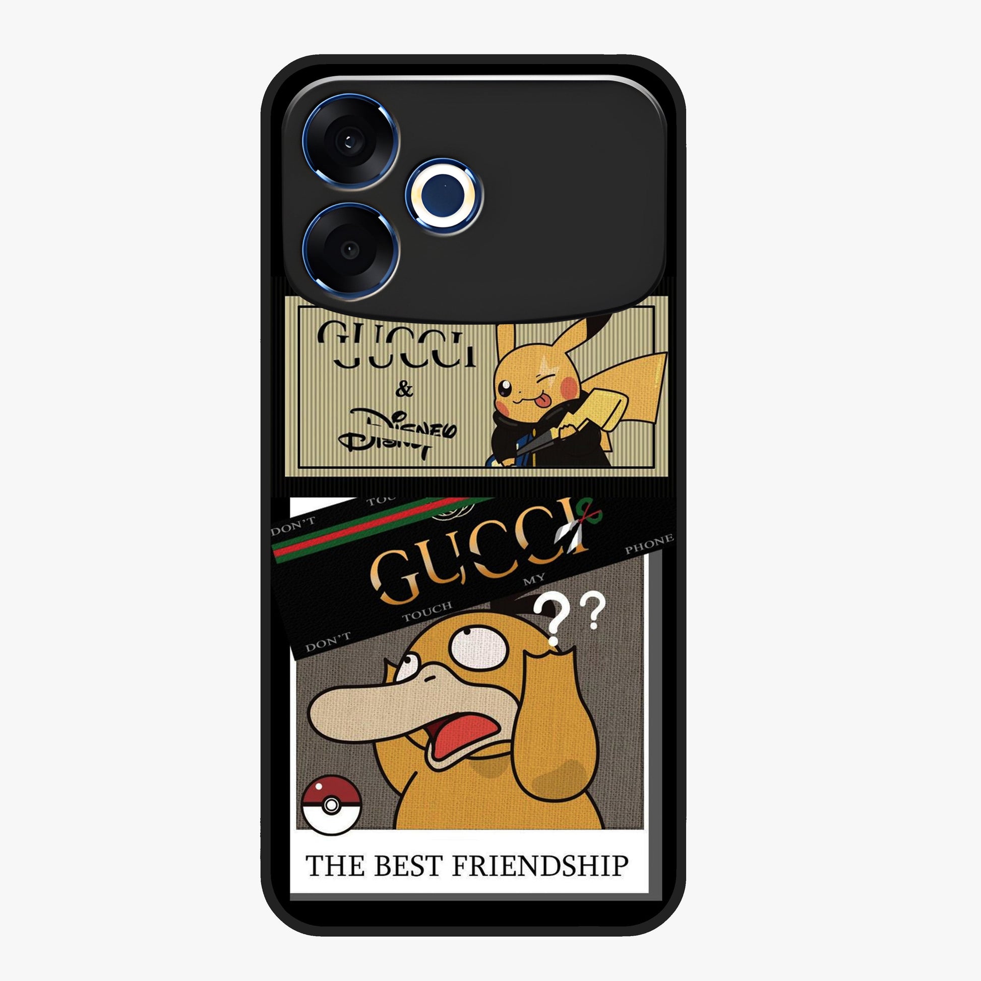 Gucci Play Mashup Glass Case showing flat back view with luxury inspired graphic artwork and glossy glass finish.