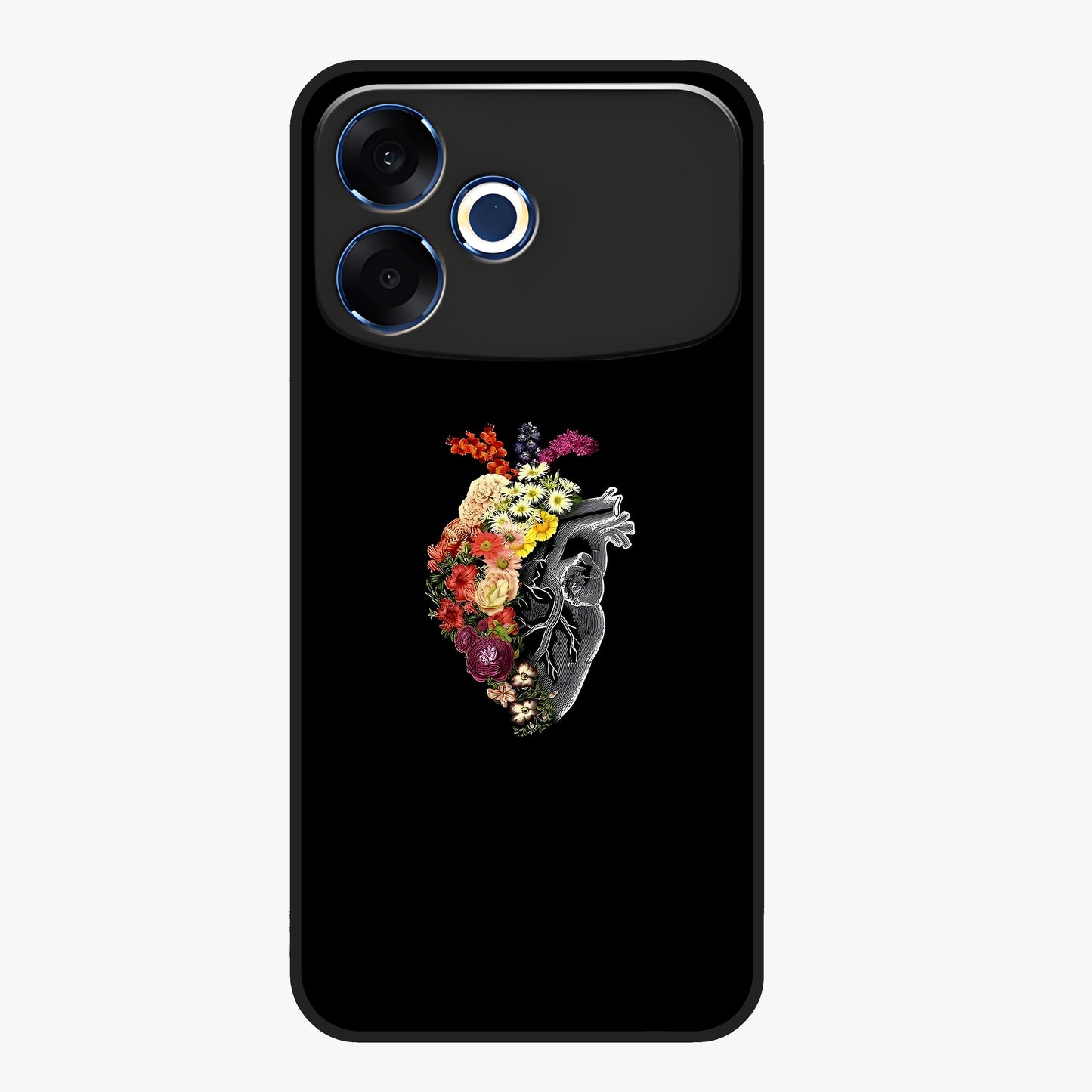 Heart With Flowers Glass Case showing flat back view with heart shaped floral artwork and glossy glass finish.