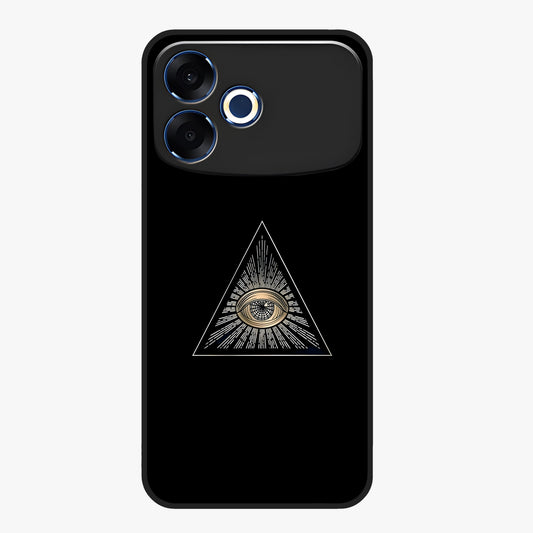Illuminati Evil Glass Case showing flat back view with mysterious illuminati symbol artwork and glossy glass finish.