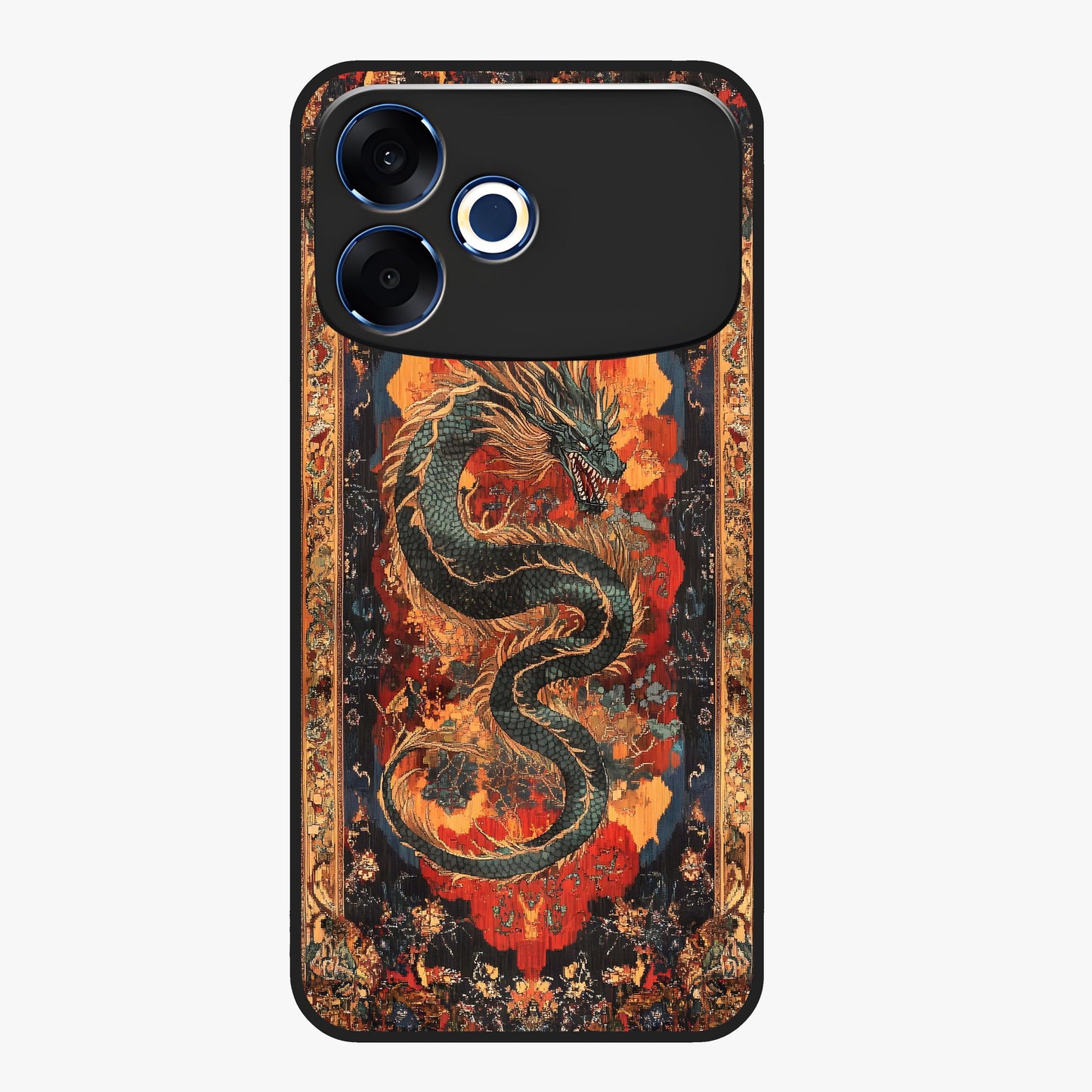 Inferno Dragon Soul Glass Case showing flat back view with fiery dragon artwork and glossy glass finish.