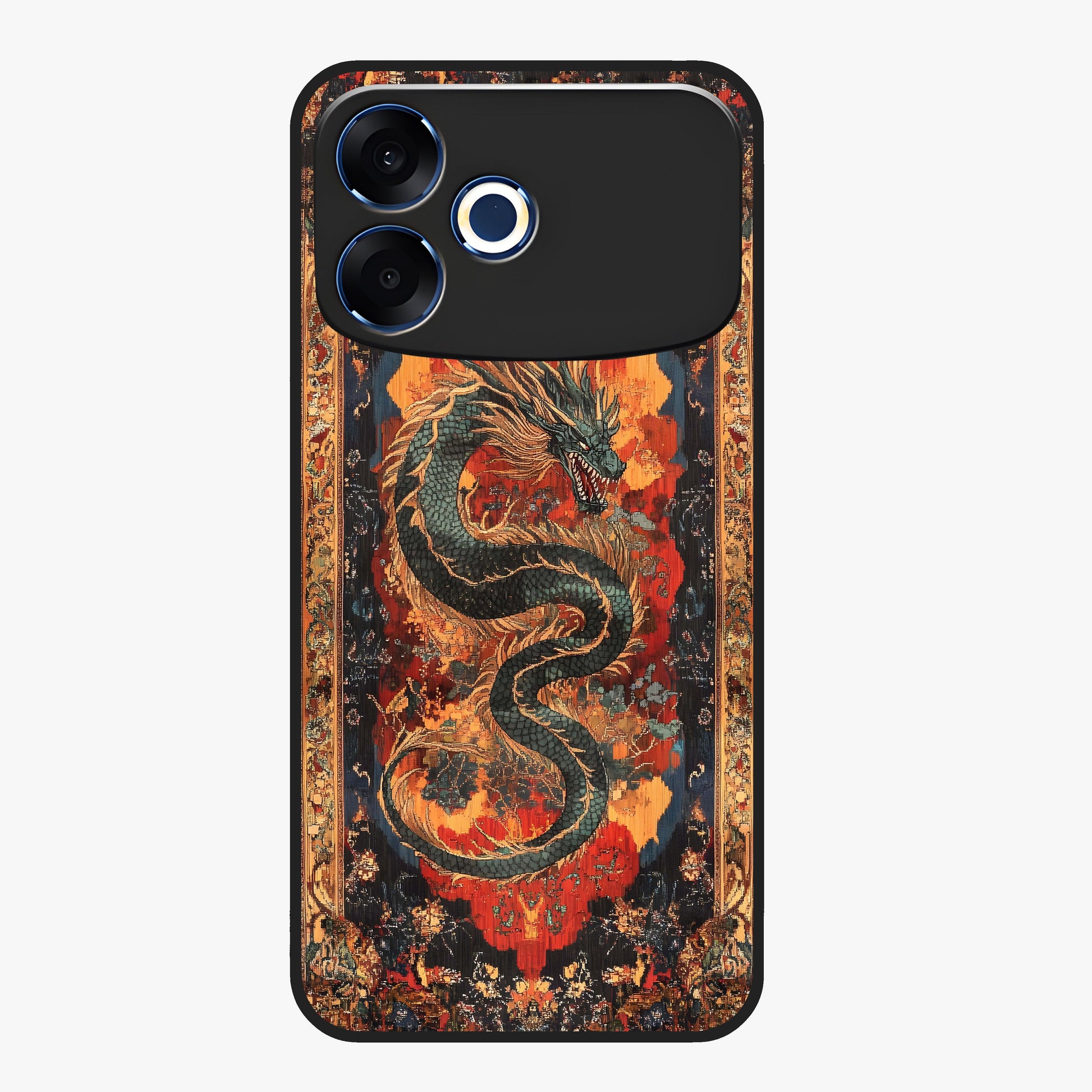 Inferno Dragon Soul Glass Case showing flat back view with fiery dragon artwork and glossy glass finish.