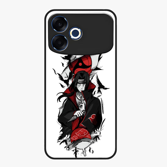 Itachi Sharingan Glass Case showing flat back view with powerful anime eye artwork and glossy glass finish.